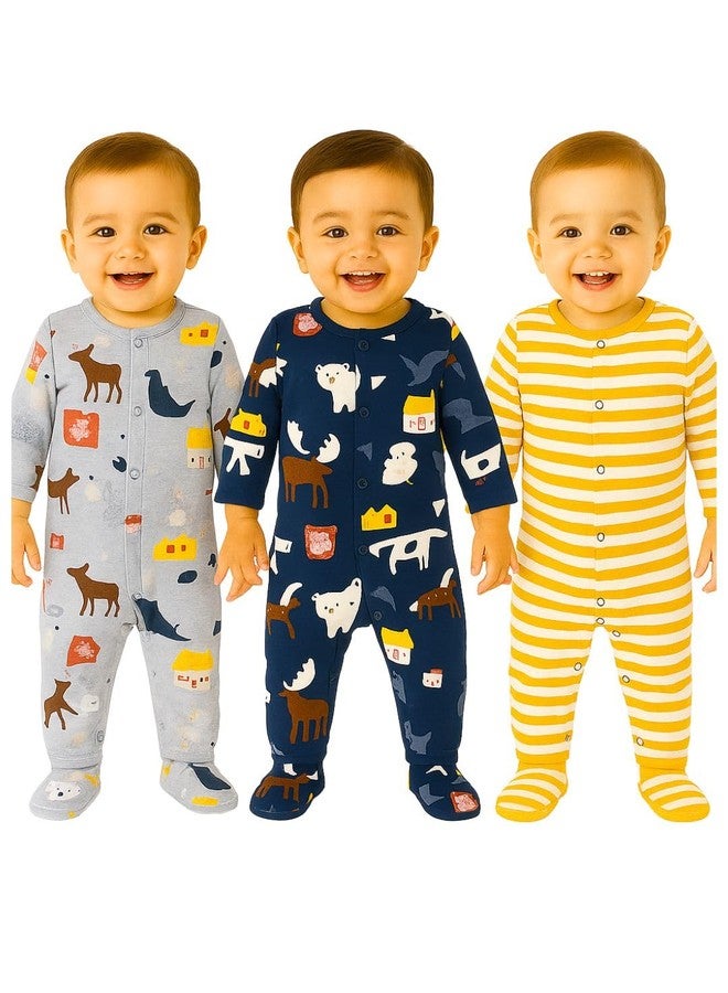 TuddyBuddy Unisex Baby Cotton Printed Full Sleeves Sleepsuit/Footed Rompers (Snaps Closure) (6 Months-9 Months, Yellow Stripes - Pack of 3) - Image 1