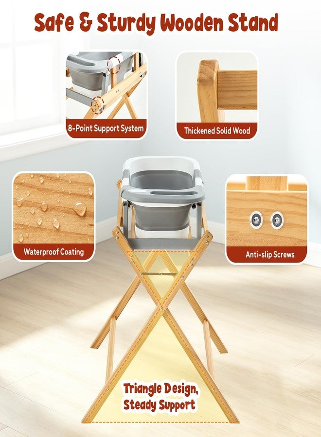 FUNLIO Wooden Baby Bathtub Stand, Foldable Baby Bath Stand for 0-24 Months, Safe & Sturdy with 8-Point Support, Durable infant Tub with Waterproof Coating, 110lbs Capacity - Image 3