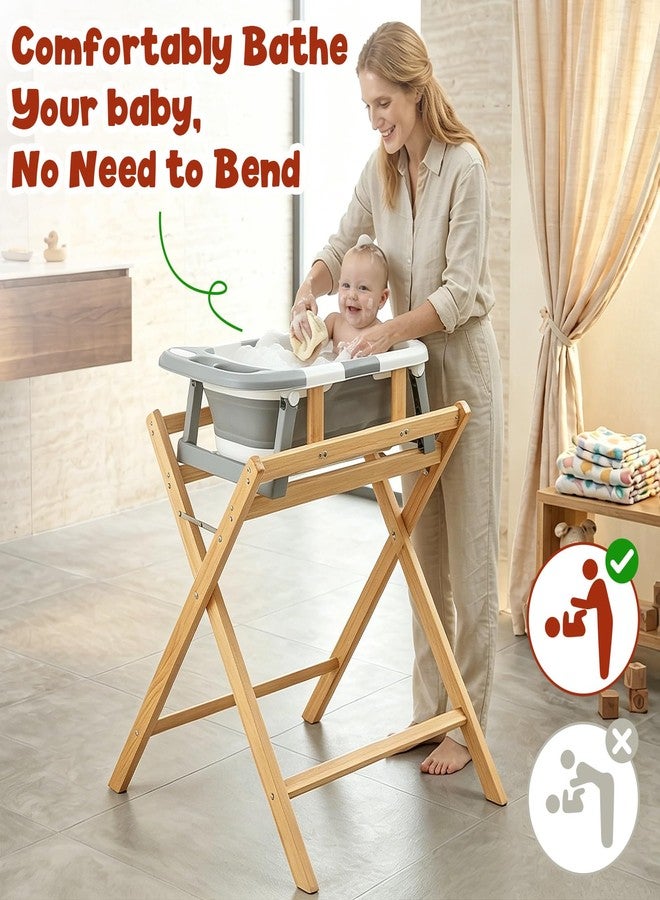 FUNLIO Wooden Baby Bathtub Stand, Foldable Baby Bath Stand for 0-24 Months, Safe & Sturdy with 8-Point Support, Durable infant Tub with Waterproof Coating, 110lbs Capacity - Image 2