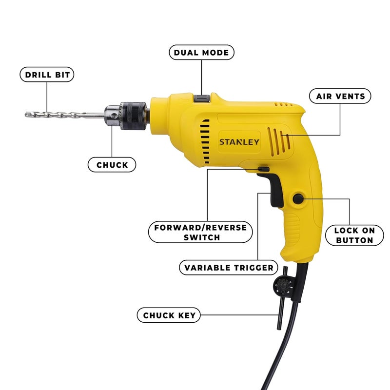 STANLEY SDH550KP 550W 10mm Corded Single Speed Hammer Drill Machine and Hand Tool Kit 120Pieces Includes Hammer Drill Measurement Tape Drill Bits Hammer 1 Year Warranty YELLOW BLACK - Image 3
