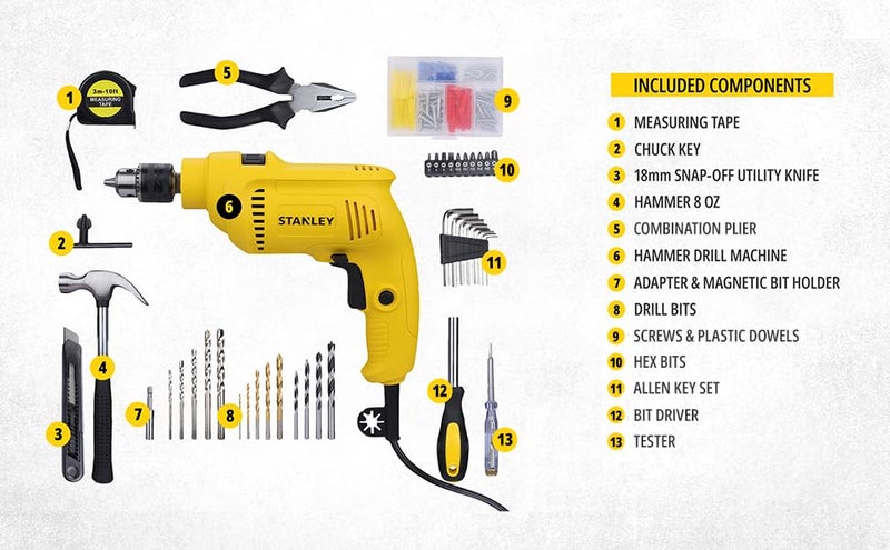 STANLEY SDH550KP 550W 10mm Corded Single Speed Hammer Drill Machine and Hand Tool Kit 120Pieces Includes Hammer Drill Measurement Tape Drill Bits Hammer 1 Year Warranty YELLOW BLACK - Image 4