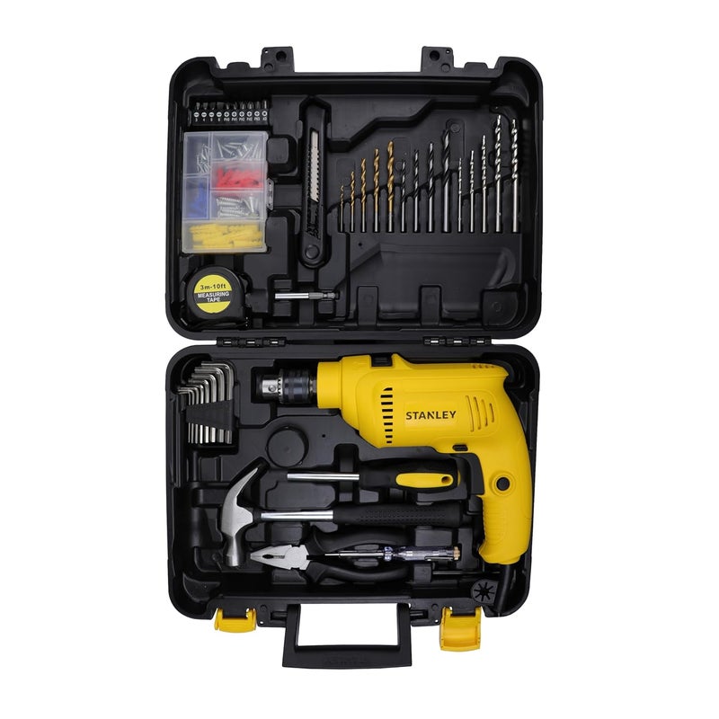 STANLEY SDH550KP 550W 10mm Corded Single Speed Hammer Drill Machine and Hand Tool Kit 120Pieces Includes Hammer Drill Measurement Tape Drill Bits Hammer 1 Year Warranty YELLOW BLACK - Image 1