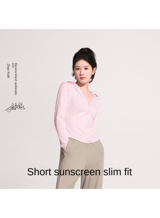 Bananain Ice Silk Slim Fit】series 3 Cropped Cooling Sun Protection Jacket - Women's Versatile Breathable Lightweight Slimming Soft Candy Pink - Image 2