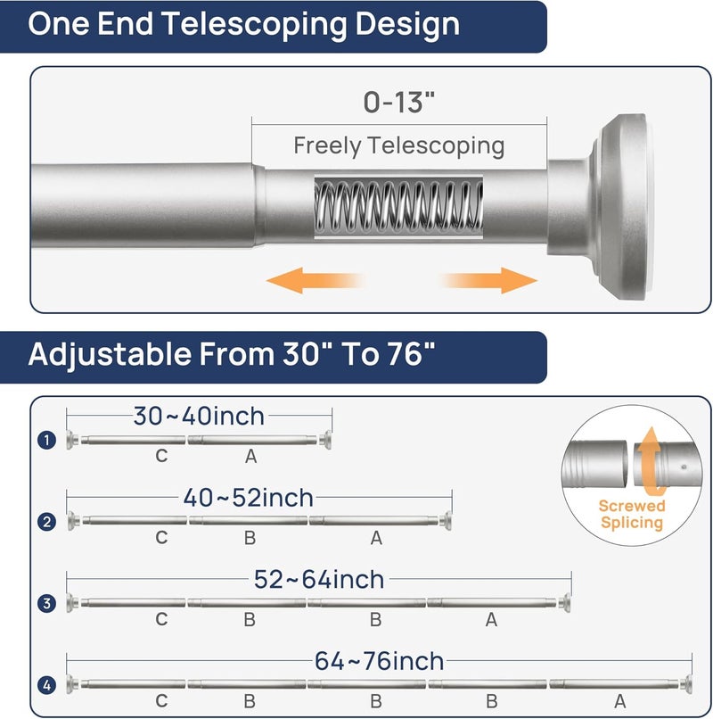 ENJOYBASICS Shower Curtain Rod 30 to 76 Inches, Stainless Steel Adjustable Spring Tension Rods No Drill for Bathroom, Closet, Window, Room Divider, Never Rust, Non Slip, Nickel - Image 2