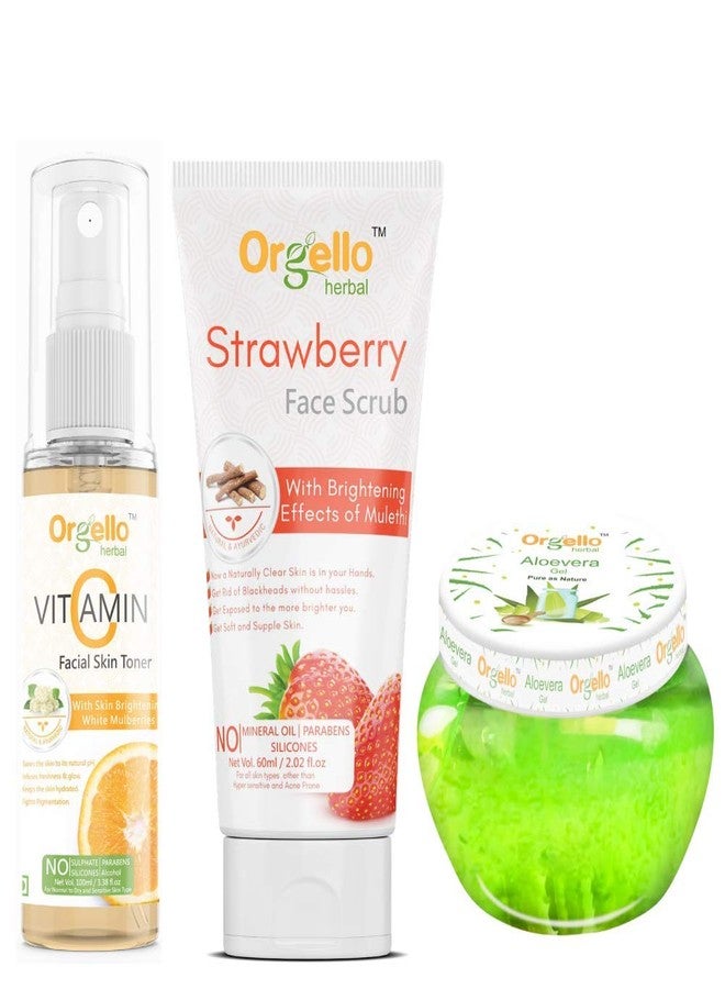 Orgello Herbal Vitamin C Toner Combo (100 ml) With Aloe Vera Gel Jar (100 gm) + Strawberry Scrub (60g) - Pack Of 3 - for men women girls boys And All Skin Type - Image 1