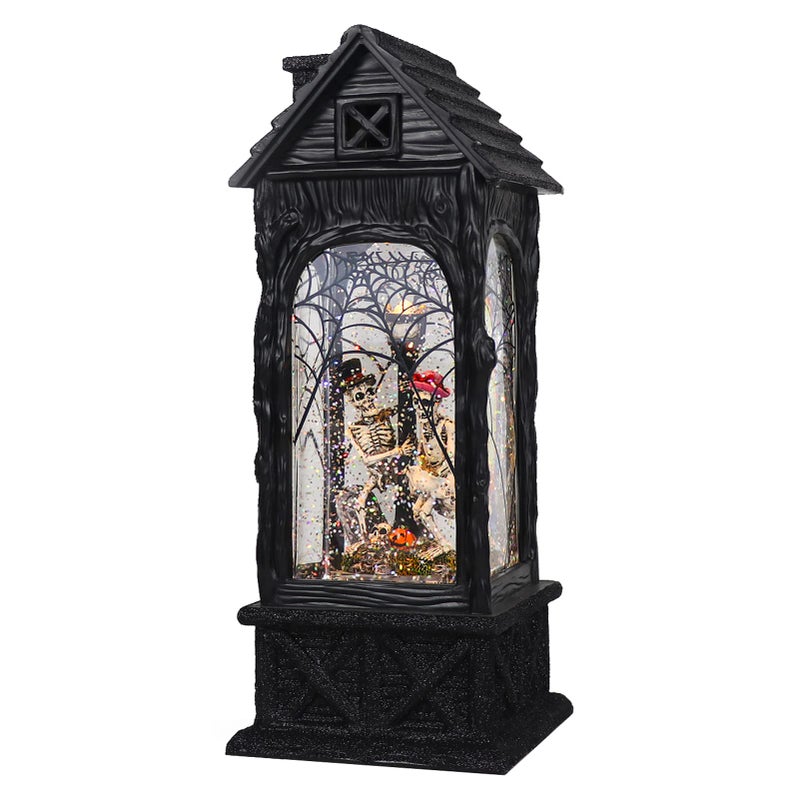 Eldnacele Halloween Ghost Projection Snow Globe Lantern with 6Hour Timer Lighted Plugin Battery Operated Water Glittering Snowing Globe Lamp for Spooky Fall Halloween Indoor DecorationSkeleton