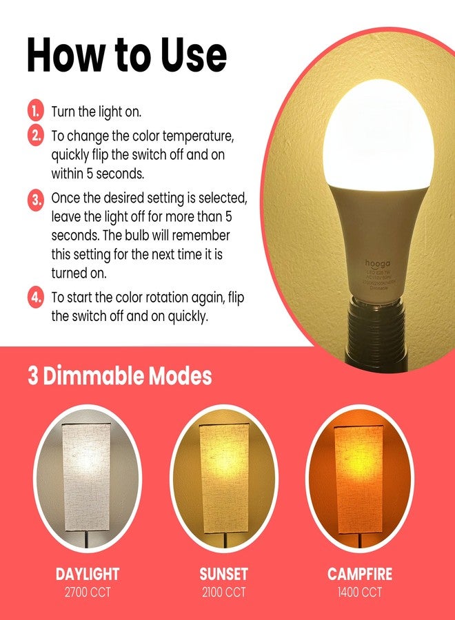 hooga Circadian Rhythm Full Spectrum LED Light Bulb - 2700K, 2100K, 1400K, Flicker-Free, Blue Light Free Night Mode, 7W Energy Efficient Warm White for Sleep, Relaxation & Focus - 2 Pack - Image 4