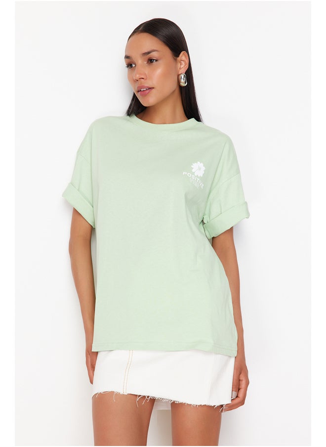 trendyol - Mint Back Printed Oversize/Wide Fit Crew Neck Knitted T-Shirt TWOSS23TS00321 - Image 1