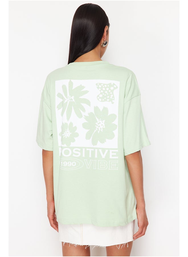 trendyol - Mint Back Printed Oversize/Wide Fit Crew Neck Knitted T-Shirt TWOSS23TS00321 - Image 1