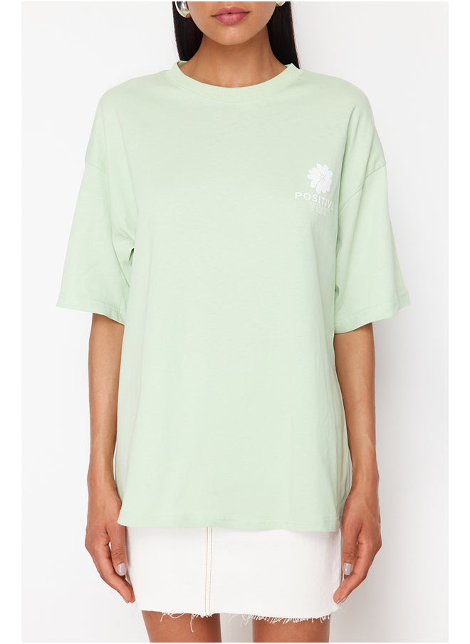 trendyol - Mint Back Printed Oversize/Wide Fit Crew Neck Knitted T-Shirt TWOSS23TS00321 - Image 1
