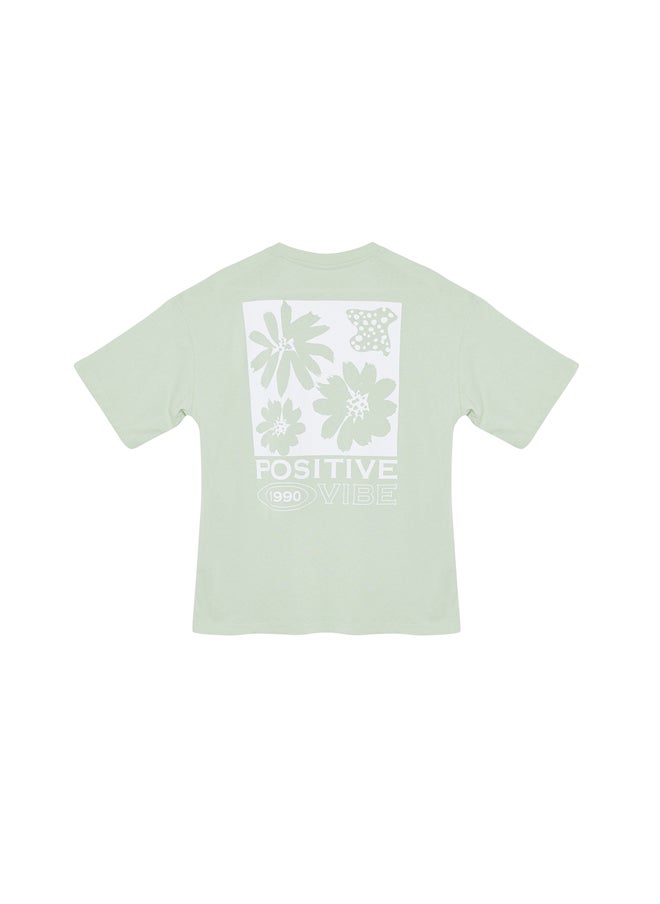 trendyol - Mint Back Printed Oversize/Wide Fit Crew Neck Knitted T-Shirt TWOSS23TS00321 - Image 1