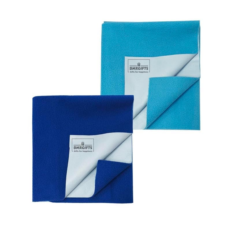 BMRGIFTS Cotton Extra Absorbent Waterproof Quick Dry Sheet for Baby Washable Mattress Protector & Bed Protector Sheet for Toddler Children Pack of 2 Medium Size, 70x100 cm Royal Blue & Sky Blue - Image 1