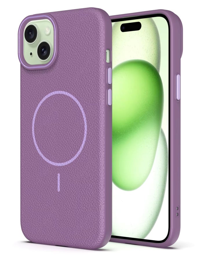 Magsafe Phone Case For iPhone 14 With High Quality Rubber Frame And Slim Lychee Pattern Leather Case with Camera Lens Protection Shockproof Cover And support wireless Charging Leather Cover for iPhone 14 - Purple - Image 1