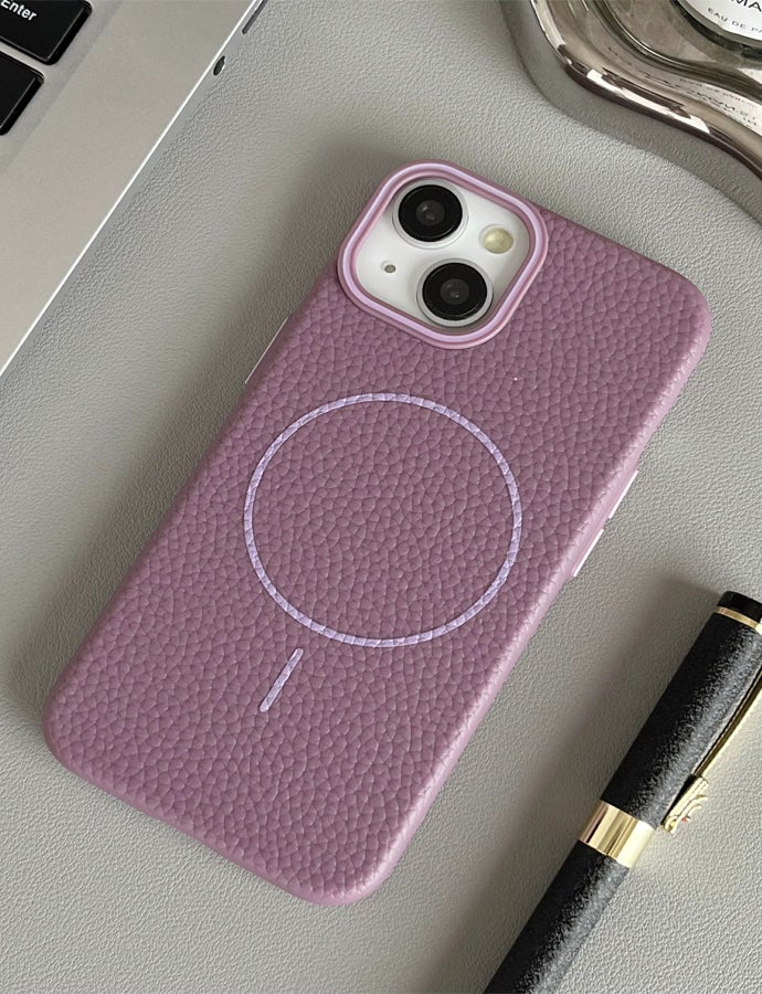Magsafe Phone Case For iPhone 14 With High Quality Rubber Frame And Slim Lychee Pattern Leather Case with Camera Lens Protection Shockproof Cover And support wireless Charging Leather Cover for iPhone 14 - Purple - Image 2