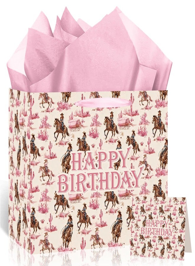 Woosytoo Pink Cowgirl Birthday Gift Bag for Girls Women Western Theme Gift Wrapping Bag with Tissue Paper & Card - Cute Horse Rodeo Party Supplies Presents for Daughter Kids Let Go Girls - Image 1