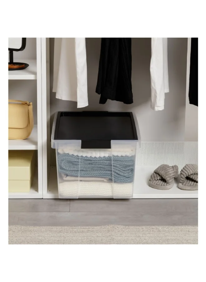 TATAY Hinged Handle Multipurpose Stackable Storage Box with Lid Black and Clear 35 Litre 1157402