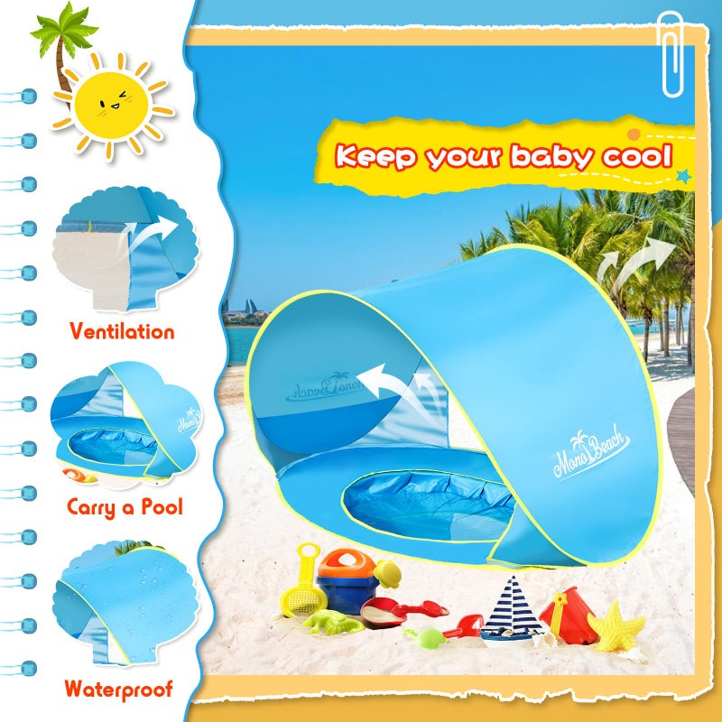Monobeach Baby Beach Tent with Beach Sand Toys Pop Up Portable Shade Pool UPF50+ UV Protection Sun Shelter for Infant with Easy Set Up Canopy (Blue with Toys) - Image 5