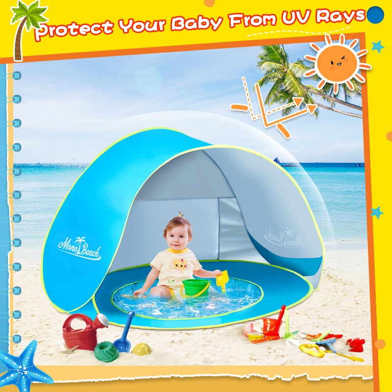 Monobeach Baby Beach Tent with Beach Sand Toys Pop Up Portable Shade Pool UPF50+ UV Protection Sun Shelter for Infant with Easy Set Up Canopy (Blue with Toys) - Image 2