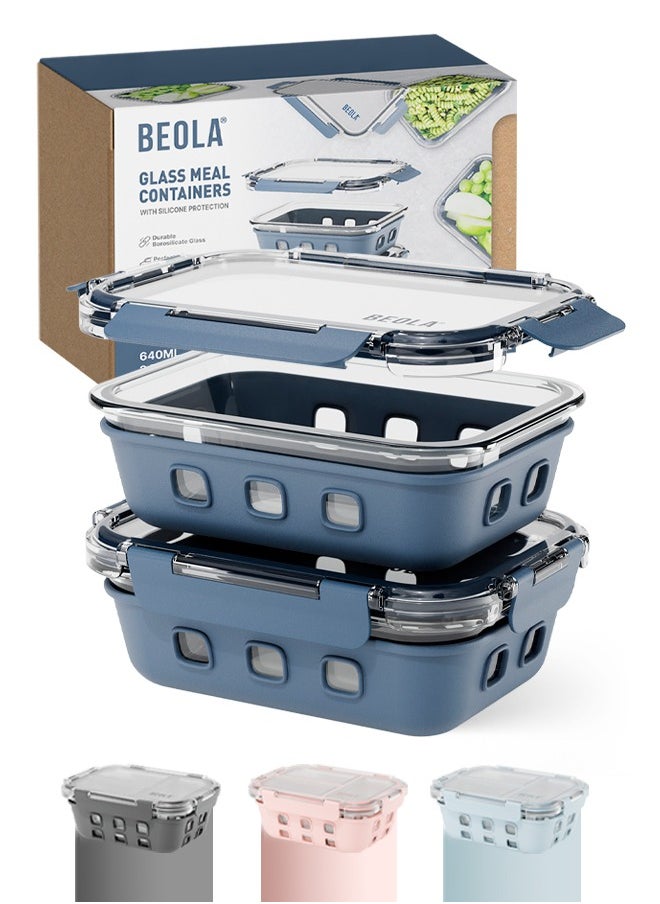 BEOLA Set of 2 Glass Food Storage Containers with Airtight Lids and Silicone Protection, Leakproof Food Organizer, Freezer, Dishwasher, Microwave Safe, Kitchen Organizer for Food (640ml, Marine Blue)  - Image 1