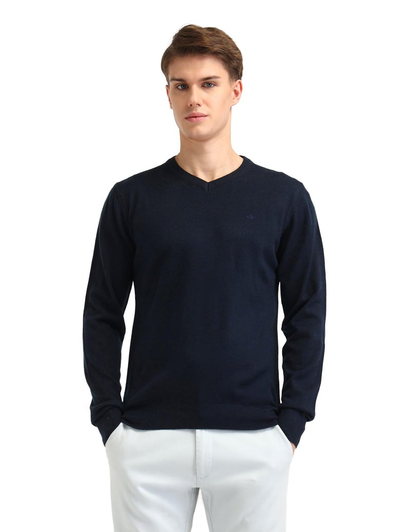 Arrow Mens Blue Solid V-Neck Long Sleeve CasualCotton RegularFit Sweater (ARAISW4022_Blue_S) - Image 1