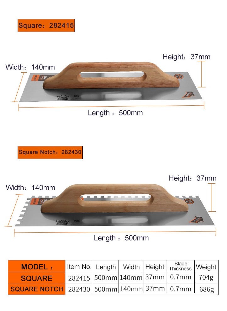 KSEIBI Two-Handed Plastering Trowel with Teeth, 14x50cm, Made of Carbon Steel with Wood Handle, Notched Tiling Trowel Perfect for Concrete Tile Work, Drywall, Wall Comb, Grout Spreading Tools.  - Image 5