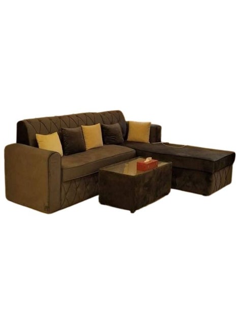L Shape Mab Sofa Set With Table & Pillow 3 Seaters Brown 200x80x80