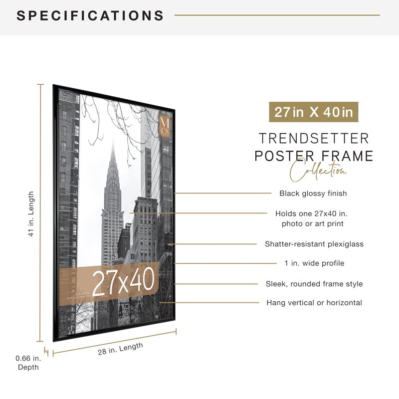 MCS Trendsetter Movie Poster Frame 27x40 Black High-Gloss, Vertical & Horizontal Wall Hanging Large Picture Frame for Photos, Artwork & Custom Posters (1-Pack) - Image 4