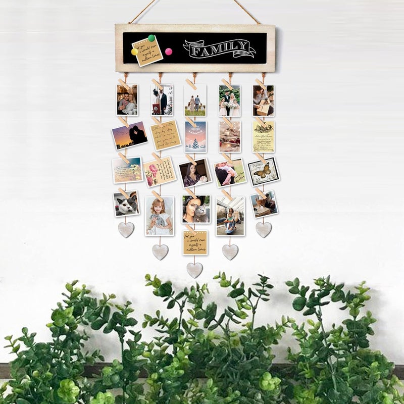 EXQUIDECA Picture Frames Collage Display Board with 30 Clips - Multi Photos Cards Organizer with Adjustable Twines and Magnetic Blackboard - DIY Wall Decor Hanging Picture Holder 15.7x5 Inches - Image 4