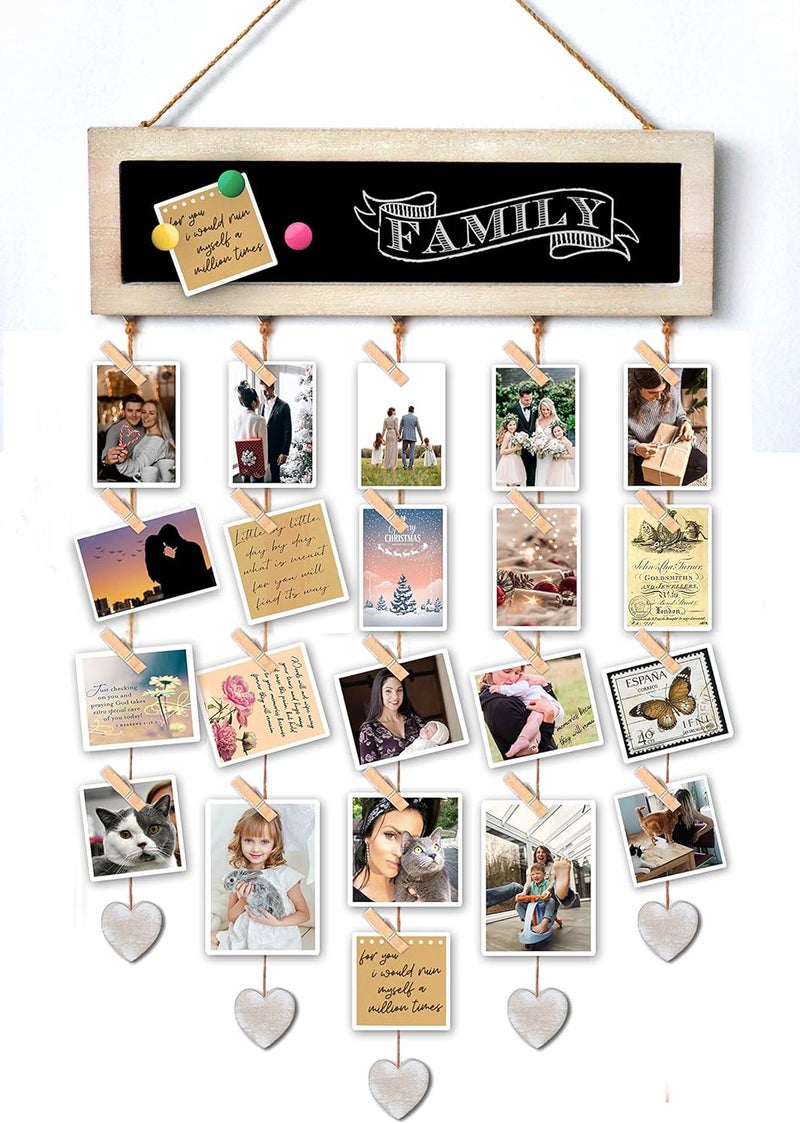 EXQUIDECA Picture Frames Collage Display Board with 30 Clips - Multi Photos Cards Organizer with Adjustable Twines and Magnetic Blackboard - DIY Wall Decor Hanging Picture Holder 15.7x5 Inches - Image 1