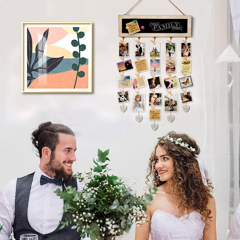 EXQUIDECA Picture Frames Collage Display Board with 30 Clips - Multi Photos Cards Organizer with Adjustable Twines and Magnetic Blackboard - DIY Wall Decor Hanging Picture Holder 15.7x5 Inches - Image 2