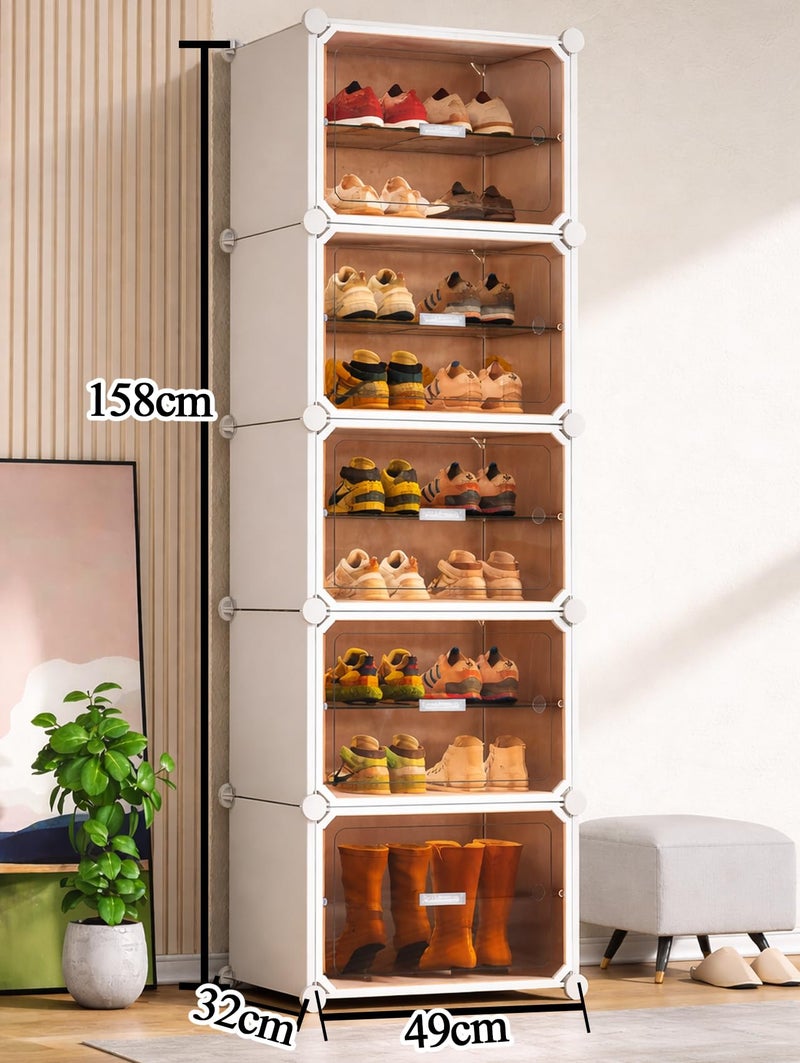 Zemic Plastic Shoe Rack for Home | 𝟏𝟎 𝐒𝐡𝐞𝐥𝐟 DIY Shoe Rack with Door 𝐌𝐚𝐠𝐧𝐞𝐭𝐬 for Home Storage Plastic Box Organizer, Metal Door Frame, Chappal Slipper Sandal Stand【White, 10-SHELF-5-DOOR】 - Image 2