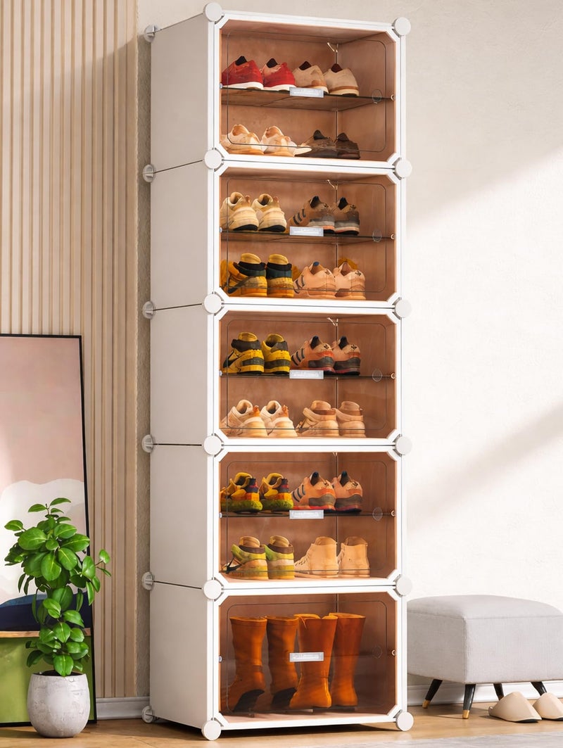 Zemic Plastic Shoe Rack for Home | 𝟏𝟎 𝐒𝐡𝐞𝐥𝐟 DIY Shoe Rack with Door 𝐌𝐚𝐠𝐧𝐞𝐭𝐬 for Home Storage Plastic Box Organizer, Metal Door Frame, Chappal Slipper Sandal Stand【White, 10-SHELF-5-DOOR】 - Image 1