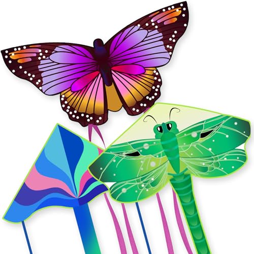 Crogift 3 Pack Large Kites Butterfly Delta Dragonfly Kites Easy to Fly for Adults Kids Beach Park Outdoor Game Activities Gifts for Easter and Festival - Image 1