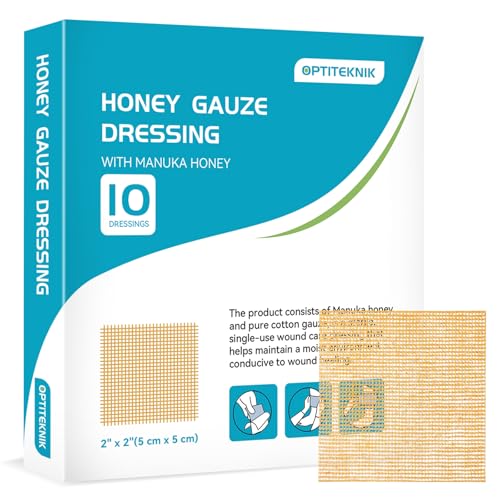 OPTITEKNIK Manuka Honey Gauze Dressing 2"x2" Pack of 10, Manuka Honey Wound Care Bandage for Cuts, Scalds and Burns, Wound Dressing Products - Image 1