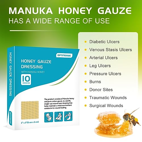 OPTITEKNIK Manuka Honey Gauze Dressing 2"x2" Pack of 10, Manuka Honey Wound Care Bandage for Cuts, Scalds and Burns, Wound Dressing Products - Image 5