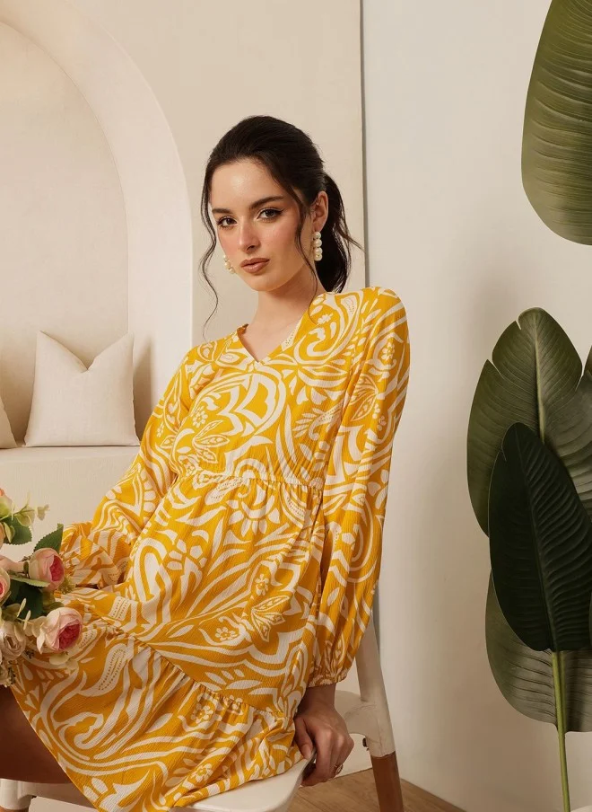 STREET 9 Yellow Ethnic Motifs Printed Fit & Flare Dress for Women