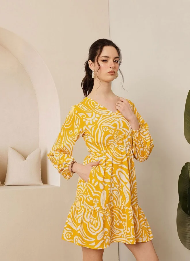 STREET 9 Yellow Ethnic Motifs Printed Fit & Flare Dress for Women