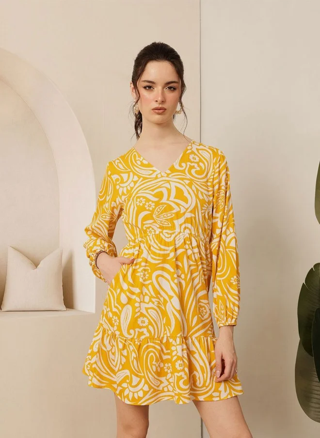 STREET 9 Yellow Ethnic Motifs Printed Fit & Flare Dress for Women