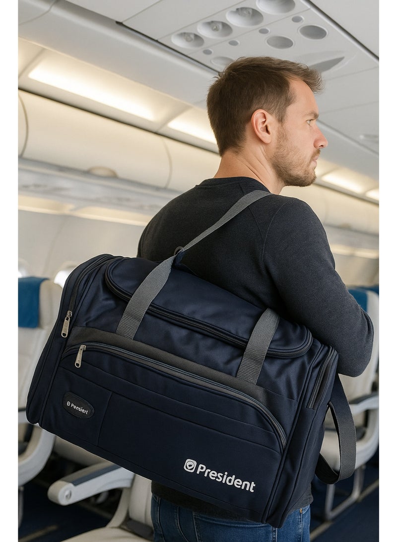 President President Travel Duffel Bag, Navy Blue with Grey Straps, Multi-Pocket Design, Airline Carry-On Compatible - Image 3