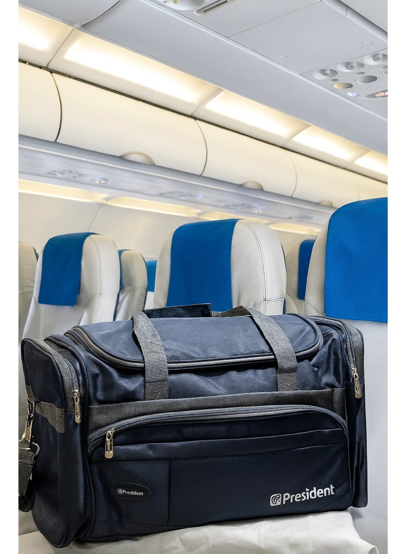 President President Travel Duffel Bag, Navy Blue with Grey Straps, Multi-Pocket Design, Airline Carry-On Compatible - Image 4