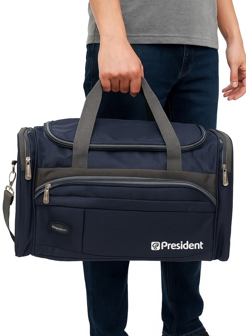 President President Travel Duffel Bag, Navy Blue with Grey Straps, Multi-Pocket Design, Airline Carry-On Compatible - Image 2