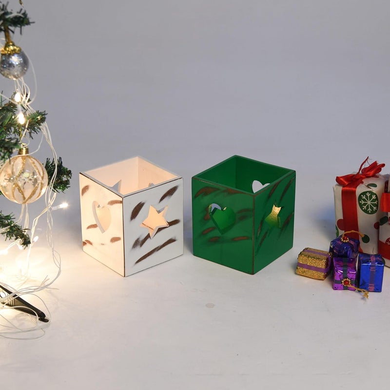 CRAFT MITRA CRAFT MITRA Rustic 2 White and Green Combo White Tea Light Holder for Indoor and Outdoor Decoration Heart Star Shaped Hole White and Green Tea Light Holder Premium MDF Wooden Base
