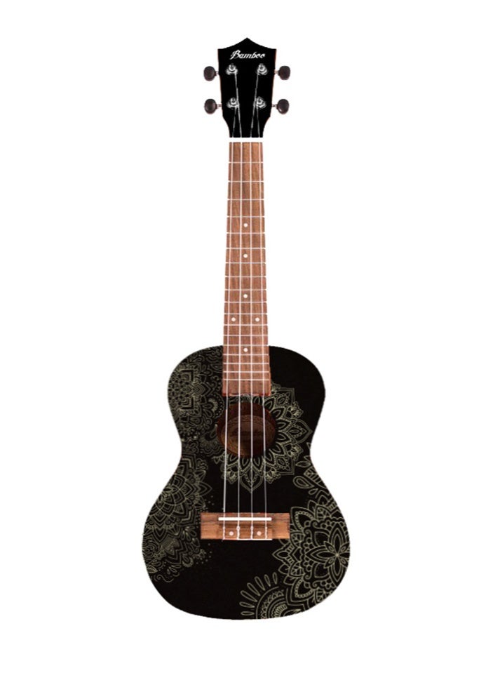 Bamboo U-23 Soul Mandala Concert Ukulele – 23-Inch Black Edition with Artistic Mandala Design and Gig Bag - Image 1