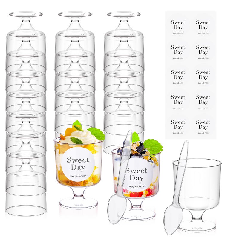 ALEXPRE 100 Pcs Clear Dessert Cups with Spoons 5 Oz Plastic Parfait Cup Disposable Appetizer Cup Round Serving Goblet Cup Dessert Cup for Party Fruit Ice Cream Mousse Pudding Appetizer Bowl (Clear) - Image 1