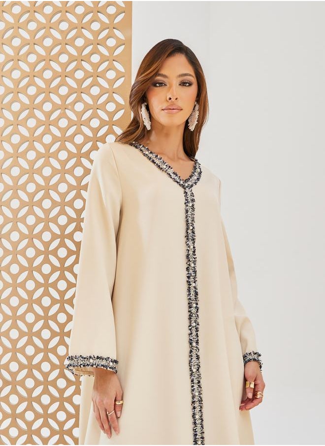 Styli Solid Tweed Lace Detail A-Line Jalabiya  - Image 3
