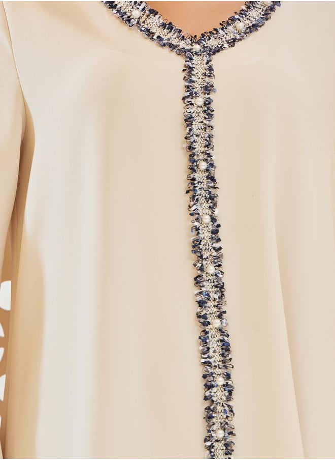 Styli Solid Tweed Lace Detail A-Line Jalabiya  - Image 4