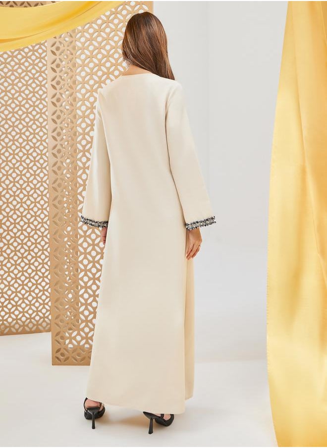 Styli Solid Tweed Lace Detail A-Line Jalabiya  - Image 5