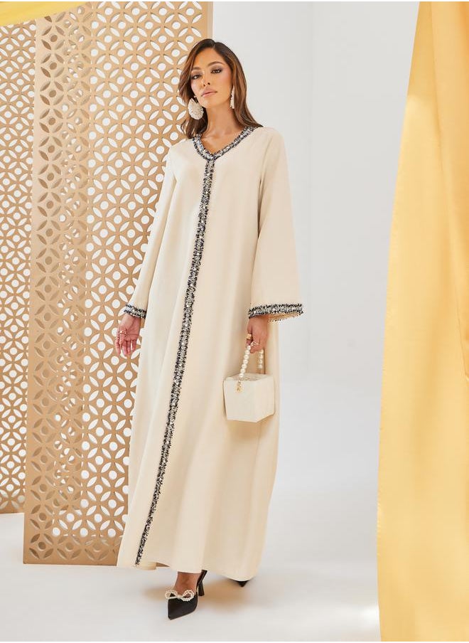 Styli Solid Tweed Lace Detail A-Line Jalabiya  - Image 1
