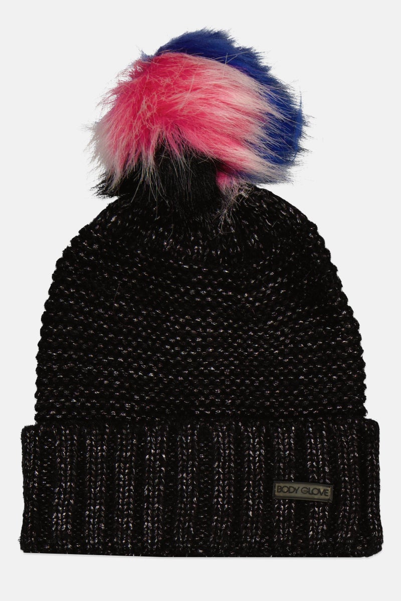 Body Glove Women Brand Logo Knitted Beanie Hat With Pom Pom, Black  - Image 1