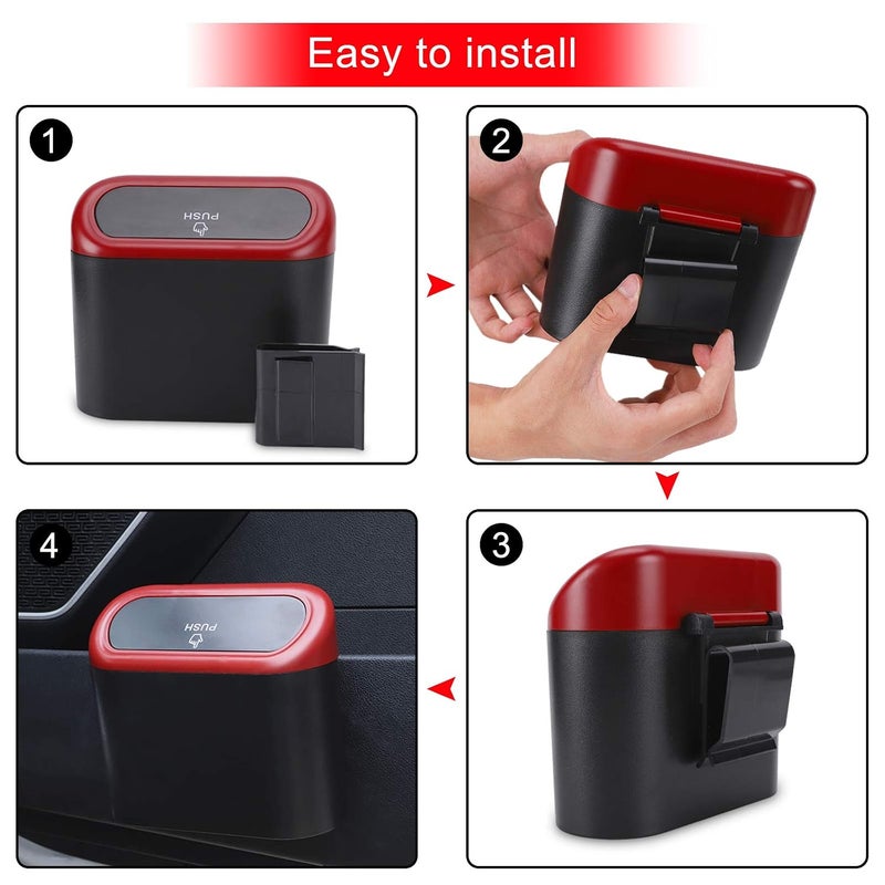 accmor Car Trash Can with Lid, 2 Packs Mini Vehicle Trash Bin Car Dustbin Garbage Organizer Holder with 2 Roll Trash Bag, Portable Hanging Leakproof Cars Storage Bag Container for Auto, SUV (Red) - Image 4